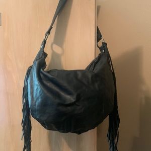 Black Patricia Nash Italian leather fringed hobo bag